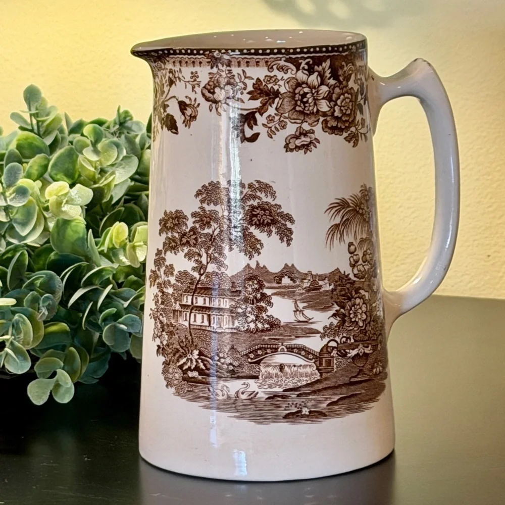 VINTAGE, CLARICE CLIFF, BROWN TRANSFERWARE PITCHER MADE BY ROYAL STAFFORDSHIRE.